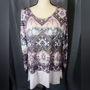 Kiara long sleeve top, pink, white, and blue geometric pattern, size XL